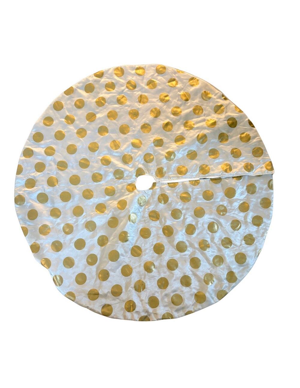 48” White Satin Christmas Tree Skirt Gold Polka Dot Hook And Loop Closure